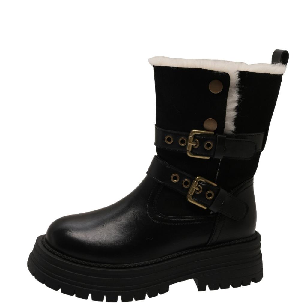 Thick-soled snow boots women's 2025 new Korean version of velvet warm Martin boots belt buckle fashionable and comfortable two-wear cotton boots