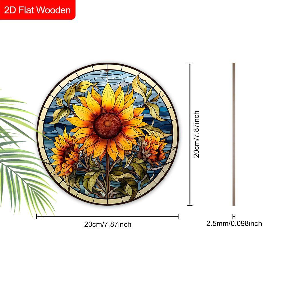 Zonnebloem Ronde Houten Hangend Bord in Glas-in-Lood Stijl, 2D Platte Gedrukte Bloemen Deur Decoratie, Botanisch Muur Ornament Cadeau