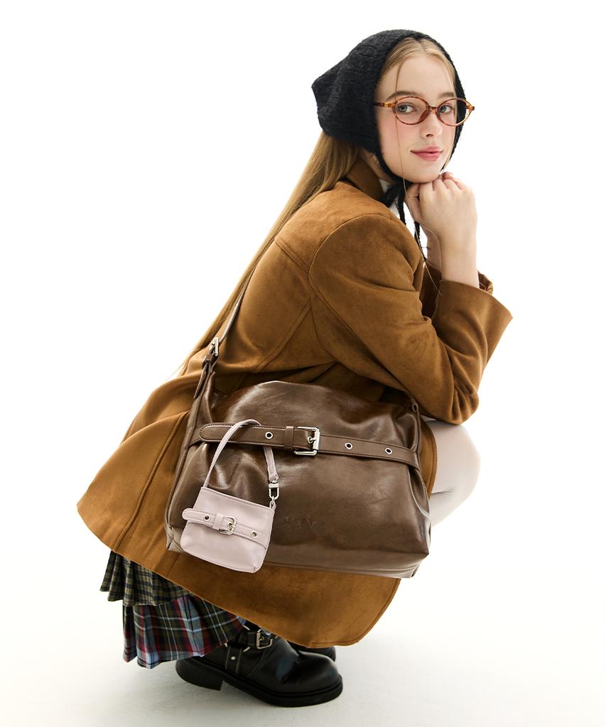 Vvv [Set] Medium Buckle Hobo Shoulder Crossbody Bag _ Brown