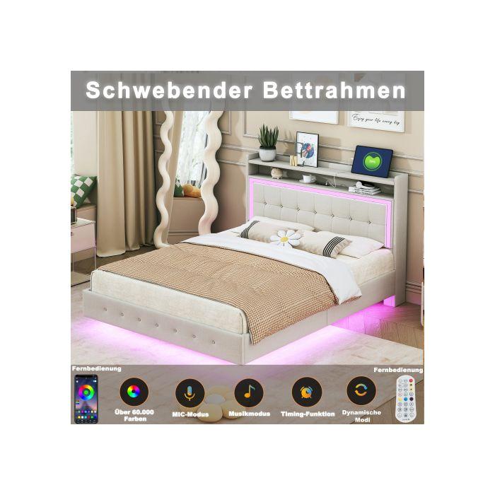 Lit Rembourré - MUVOE - 140x200 Cm - Prise USB - Éclairage LED - Tissu Lin Beige