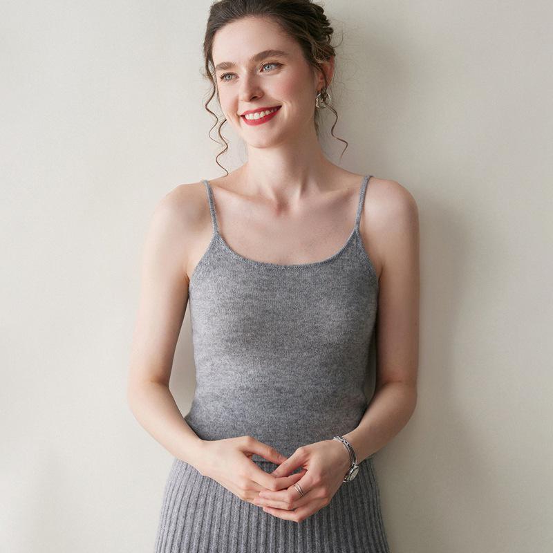 Kašmírově šedé tílko na špagetová ramínka pro ženy - Slim střih, hřejivá vlněná vesta na jaro, podzim, zimu