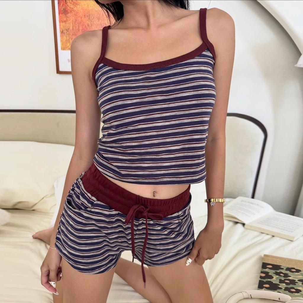 BM Style European & American Slim Crop Top & Shorts Set – Striped Camisole & Shorts for Women