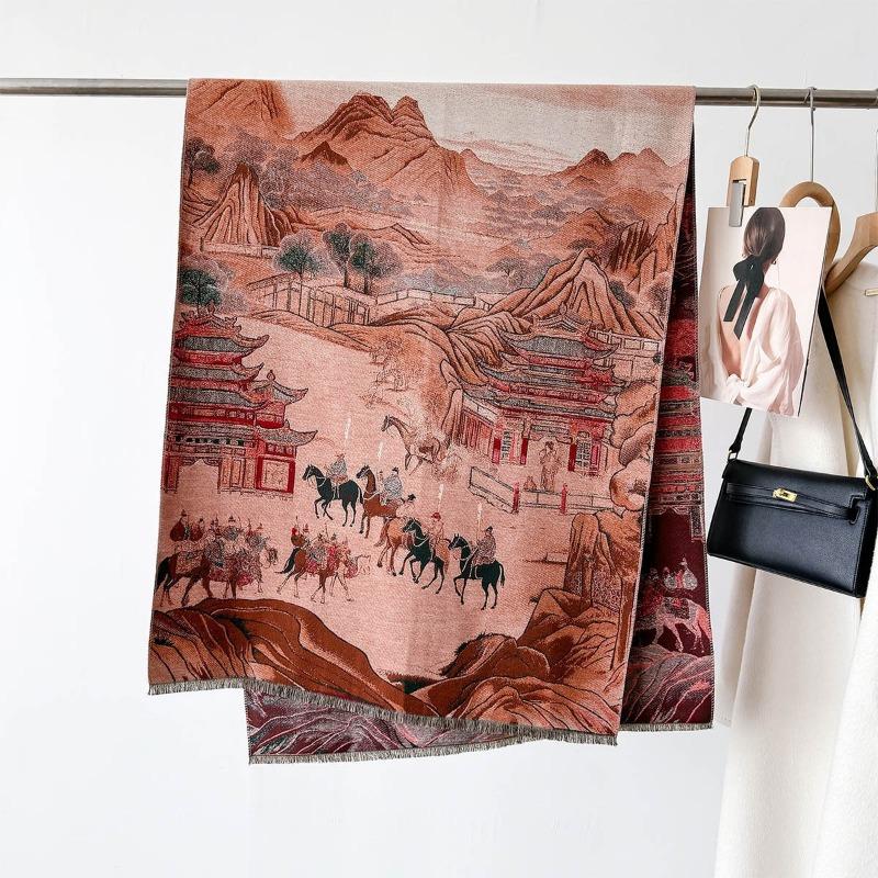 Dunhuang Oil Painting Autumn and Winter Thickened Scarf Travel Outside Shawl Windproof and Cold Jacquard High-end Scarf Shawl Neck Protection