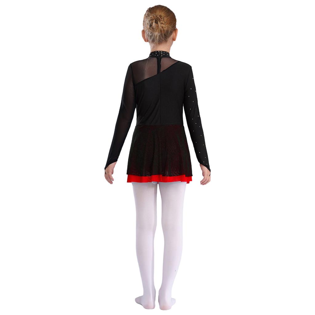 Girls Figure Skating Dress with Sparkly Rhinestones Sheer Mesh Patchwork Long Sleeve for Dance Performance