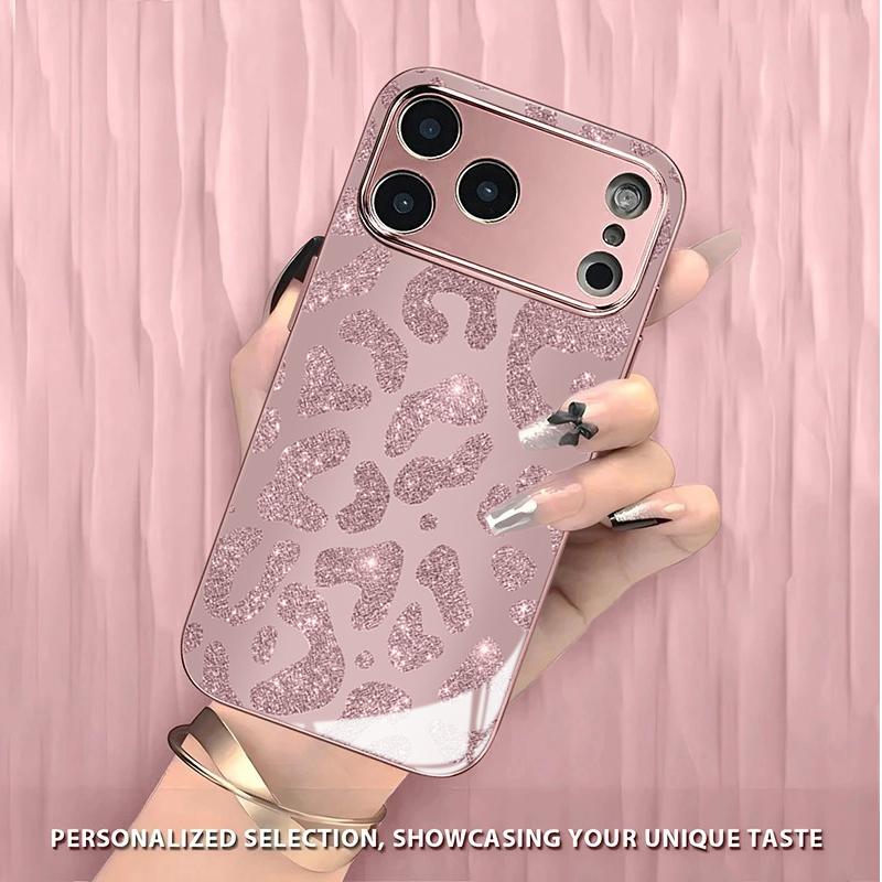 Flash Gold Leopard Pattern Tempered Glass Phone Case for iPhone 18 17 Pro Max 14 15 16 Plus 13 12 11 Pro Max 16E 17Air Cover