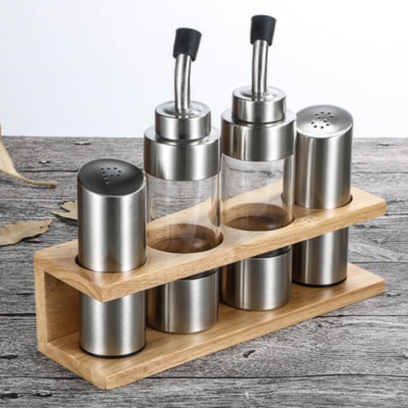 Chushan 304 Stainless Steel Condiment Set with Wooden Base
