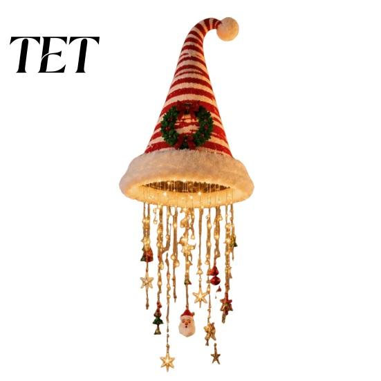 Christmas Hat Shaped Wall Decor Lighted Santa Hanging Chandelier, Warm LED String, Sequined Cone Pendant with Reusable Xmas Entrance Decorations Chime