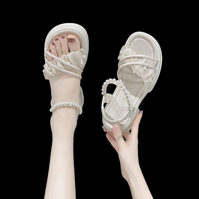 Wedge With Platform Waterproof Medium Heels Pearl Women's Sandals Vip Korea 2025 Luxury Summer Offers Anti Slip Hot Ladies Shoes