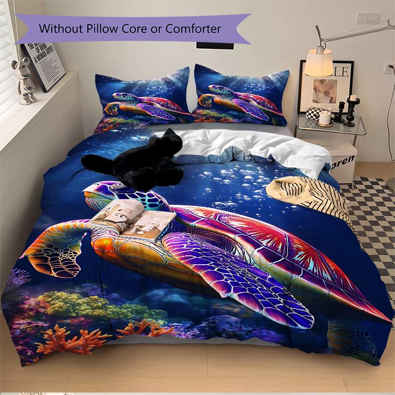 3pcs Sea Turtle Print Duvet Cover Set, Cover For Bedroom Guest Room (1 Duvet Cover + 2 Pillowcase, Without Quilt),  yy250922100
