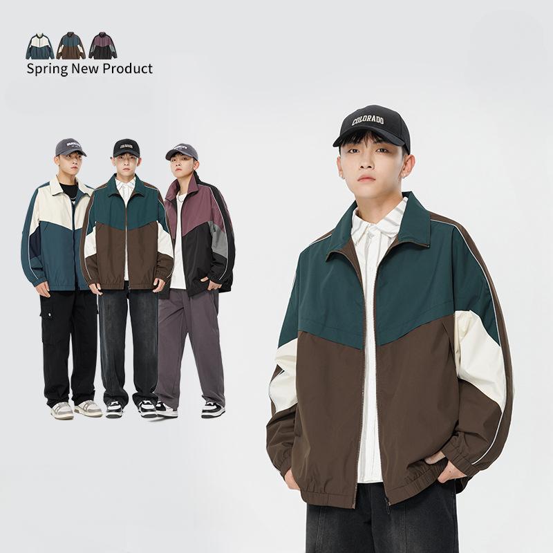 Trendy Brand American Retro Contrasting Color Stitching Stand-up Collar Jacket for Men and Women Autumn New Loose Trendy Couple Casual Jacket