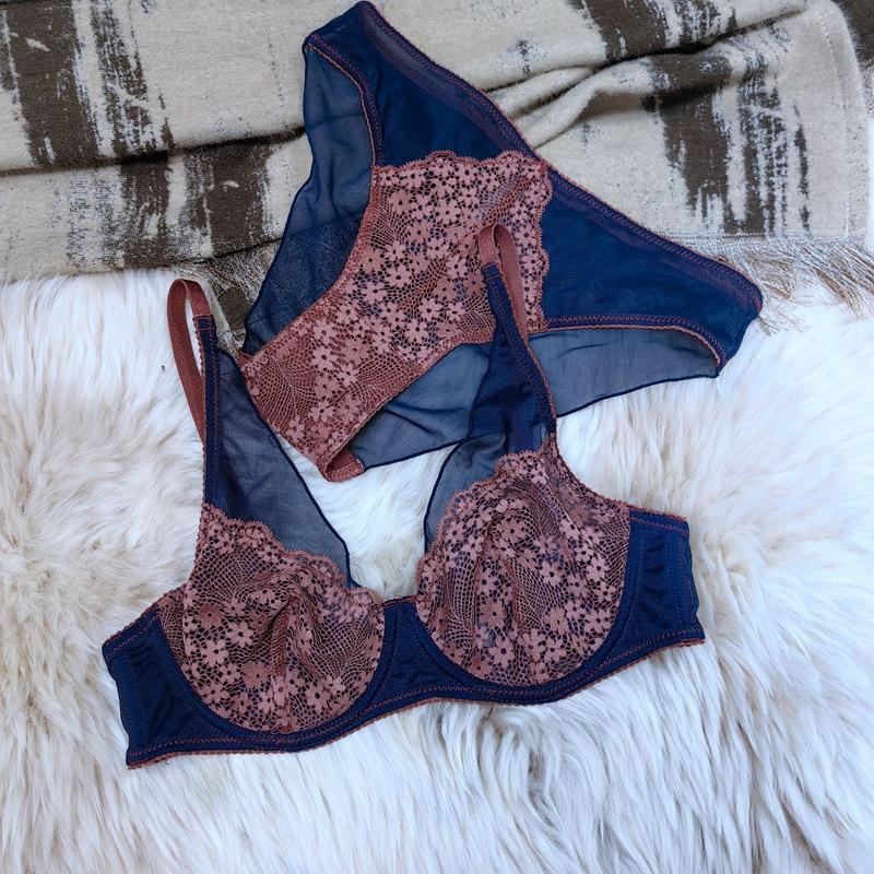 Vintage Splice Sada spodního prádla Sexy Ultratenká Krajka Květiny Výšivka Sada podprsenky Ženy Prodyšné Intimní prádlo Lingerie Francouzská Romantická