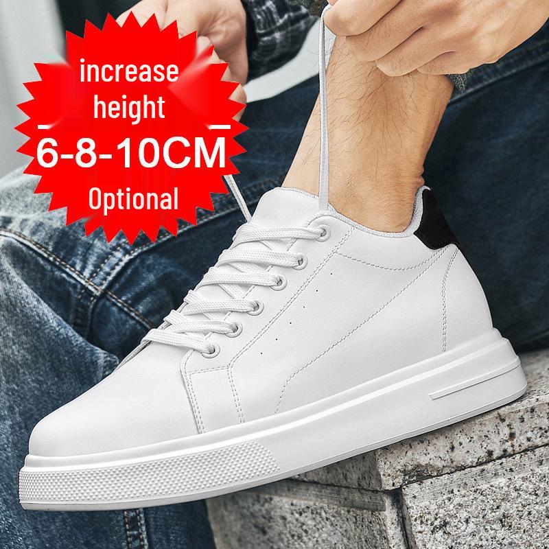 Pánské kožené tenisky zvyšující výšku o 8 cm - Bílé, Trendy silná podrážka, Prodyšné a ležérní sportovní styl