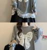 Plus Size Crocheted Lace Round Neck Slimming Long Sleeve Women's Autumn/Winter Bow Loose Mid-Length Top