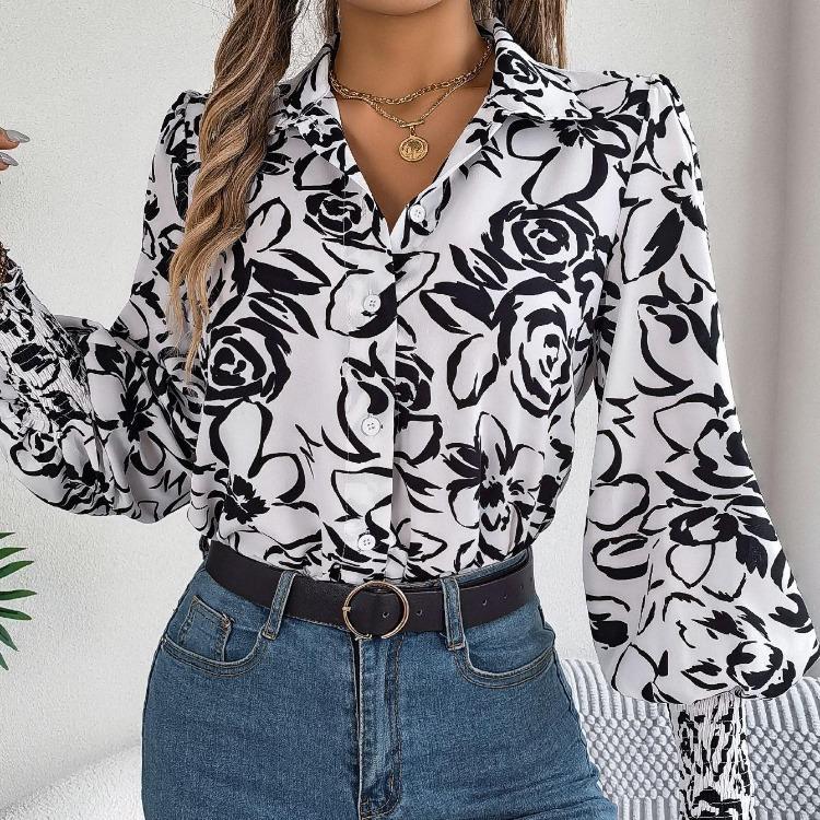 Elegante Bluse mit V-Ausschnitt und langen Ärmeln für Damen, Hemd mit Blumendruck für die Frühling- und Herbstsaison