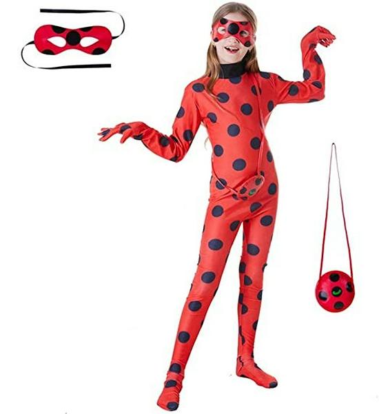 5-teiliges Halloween Marienkäfer Onesie Kostüm: Beinhaltet Handschuhe, Fußüberzieher, Augenmaske, Tasche und Perücke