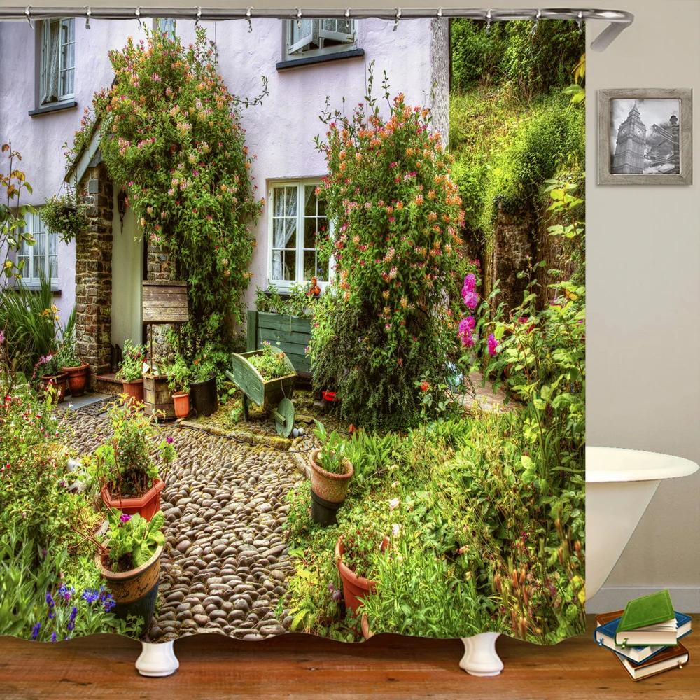 

Водонепроницаемая занавеска для душа из полиэстера для ванной комнаты, 3D горный сад, морской пейзаж, красивый цветочный пейзаж, украшение для дома, занавеска W90xH180cm
