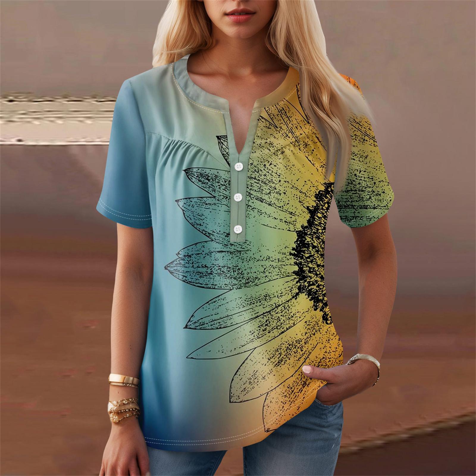 

Женская повседневная футболка с v-образным вырезом и коротким рукавом с цветочным принтом и декоративными пуговицами, топ XL