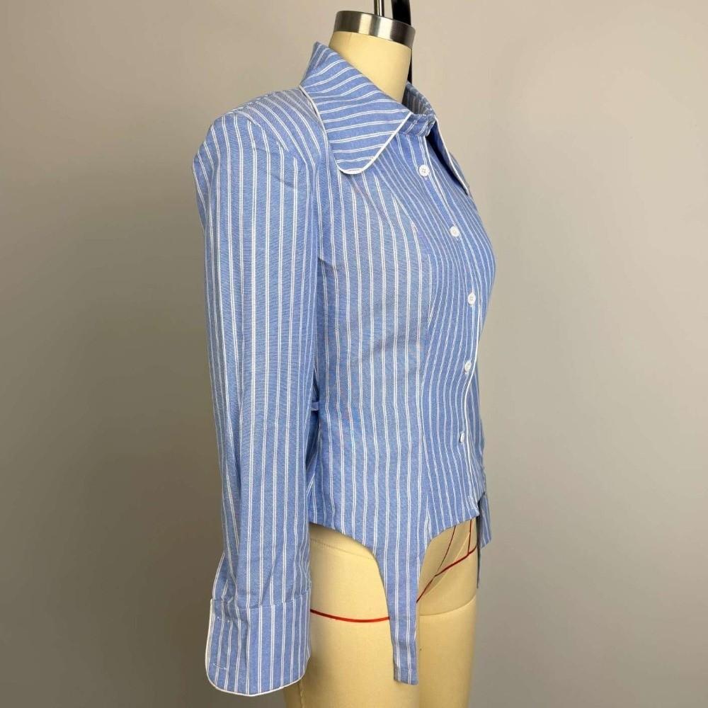 Irregular Hemline Stripe Slim Shirt Waist Cinched Long Sleeve Shirt Chic Women Shirt  Women