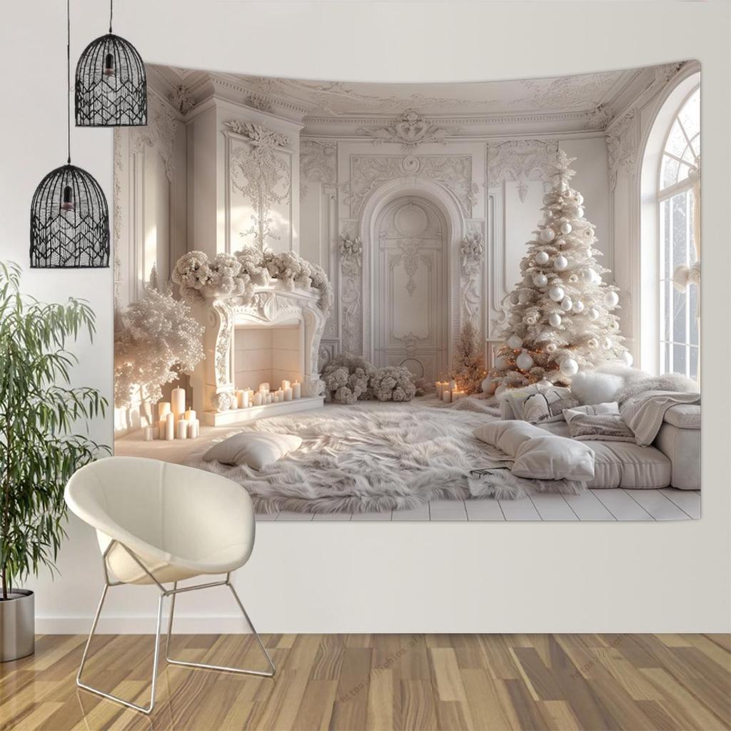Vintage Christmas Fireplace Tapestry: Holiday Tree Photo Background Hanging Cloth