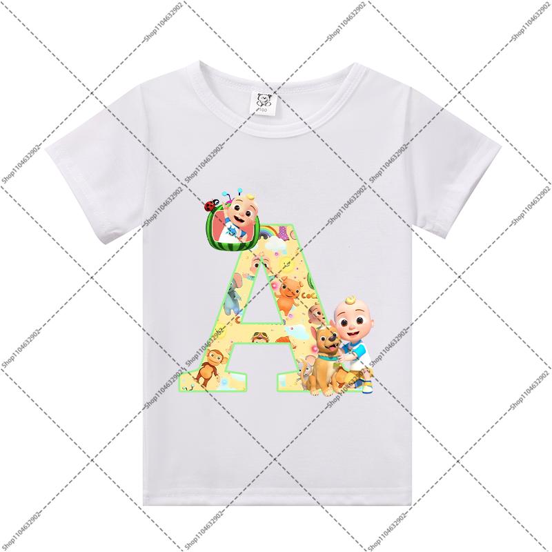 Cocomelons Kids Clothes Cartoon Anime Letter A-Z Print T-shirt Boys Girls Cute Cotton Tee Children Summer Fashion T Shirt Gifts