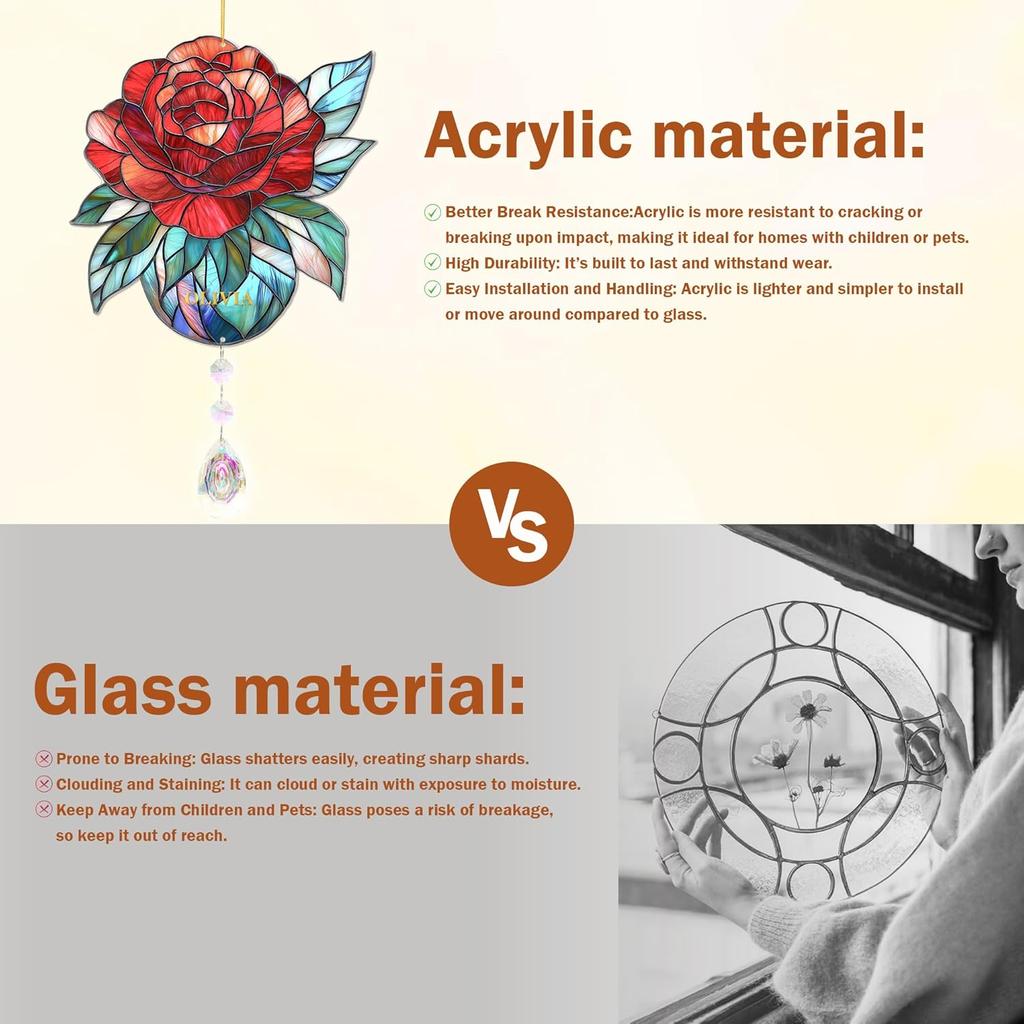 Rose Suncatcher - Birth Flower Gifts for Women, Birth Flower with Name Suncatcher Ornament with Crystal, for Mom, Grandma