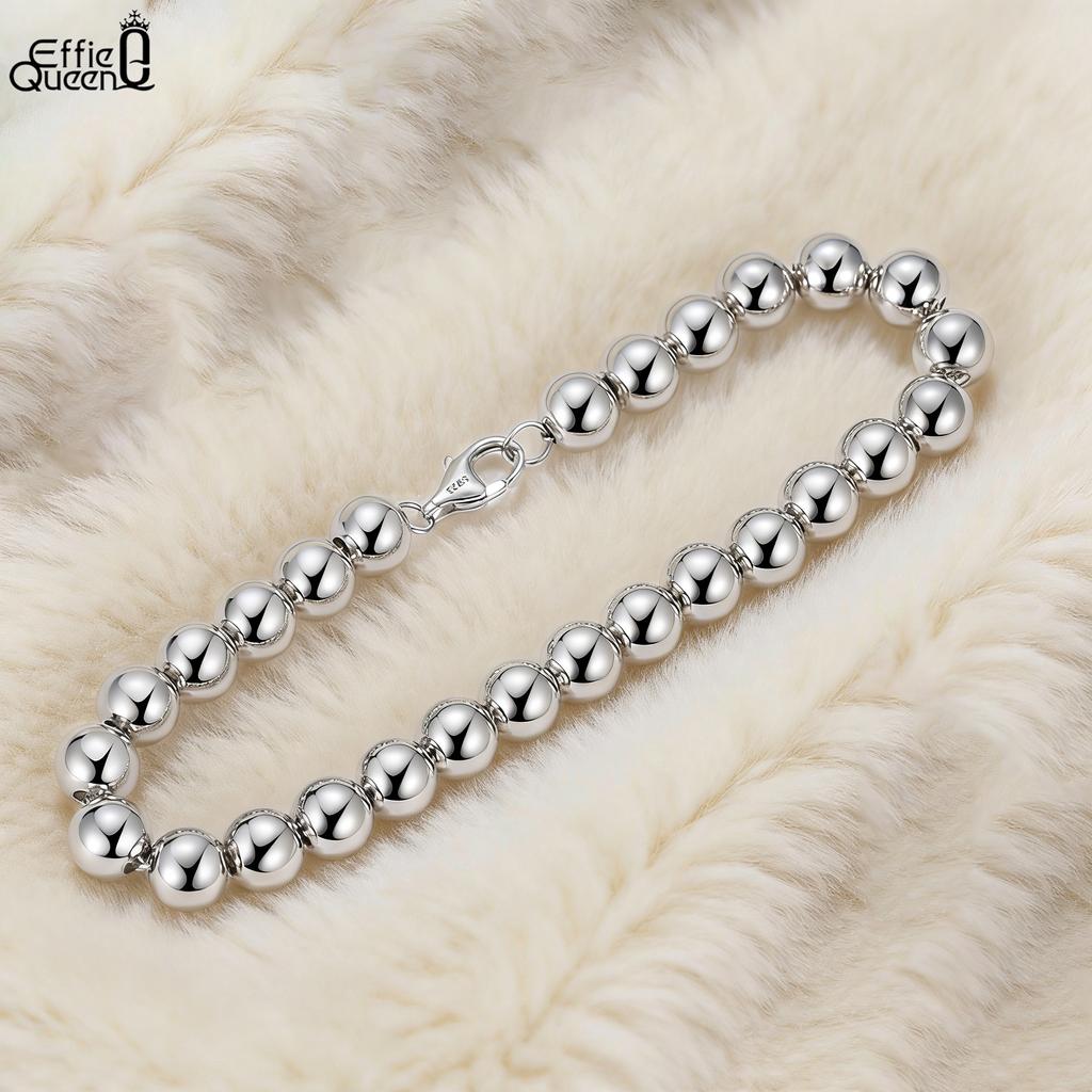 EFFIE QUEEN 100% Prata S925 Ouro 14k Contas de 4mm Pulseira de Corrente de Bolas Joia Simples para Mulheres, Homens Corrente de Mão Presente de Banquete SB103