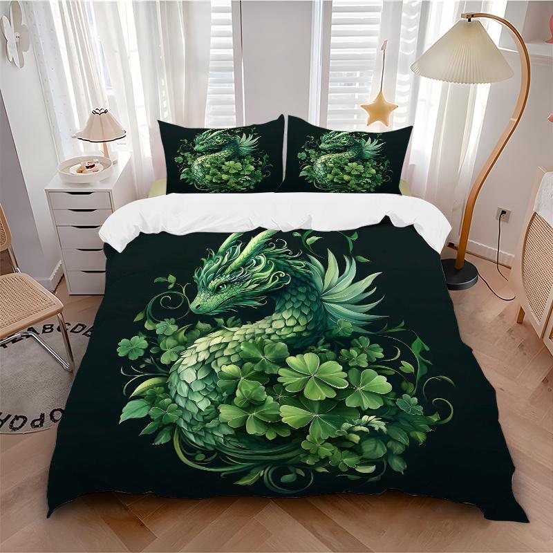3pcs Green Leaf Dragon Quilt Set - Soft and Comfortable Bedroom, Guest Room and Dorm Decor Bedding Set 1 Quilt Cover + 2 Pillowcases.J063