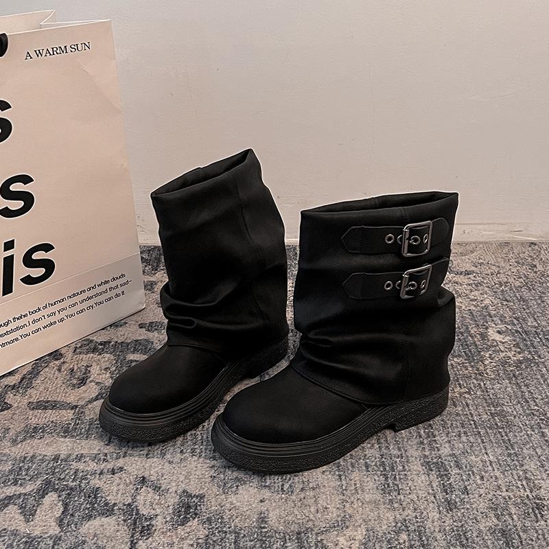 Thick-soled pleated trouser tube boots women's 2025 new autumn Maillard wind pile boots popular brown Martin short boots