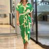 Fashion Elegant Printed Pleated Shirt Dress Women Solid Plus Size Short Sleeve Casual Dress Summer Office Lady Buttons Loose Long Dresses 909