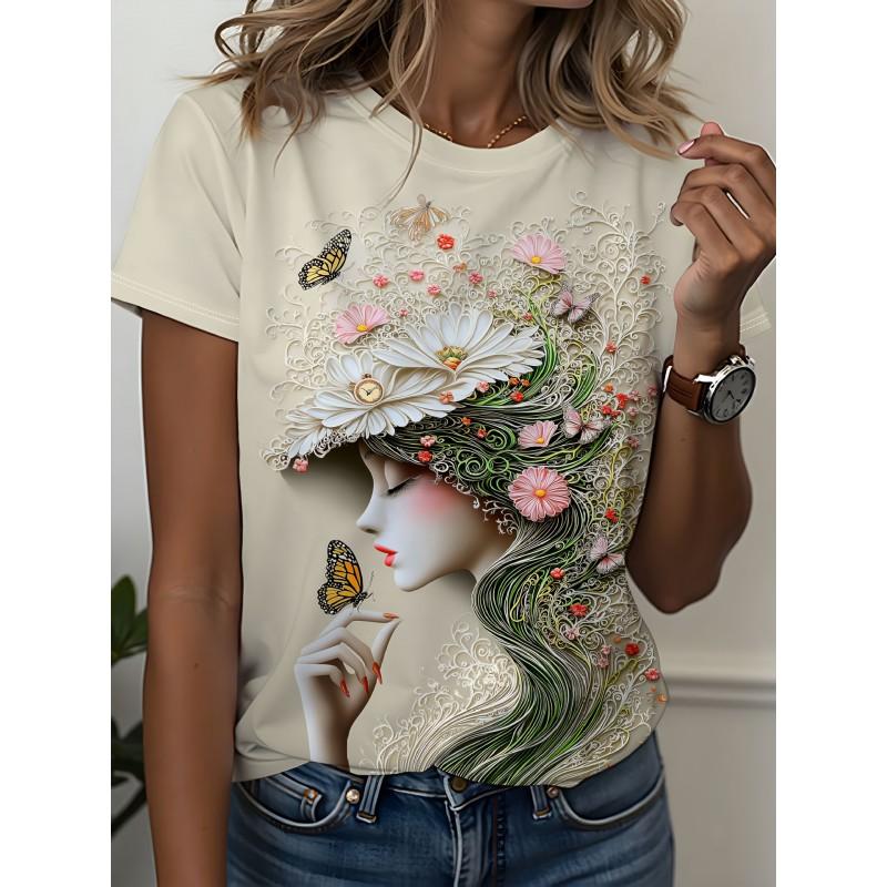 Womens Slim Fit Short Sleeve T-Shirt With 3D Cartoon Animal Print Digital Printing Casual Top