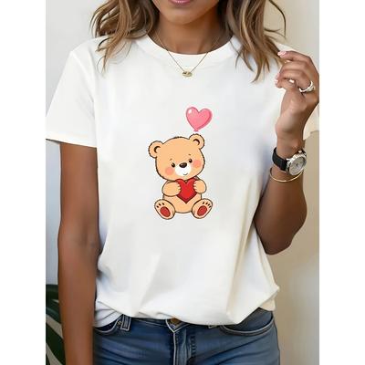 Women's Casual White Round Neck Printed T-Shirt with Cute Cartoon Teddy Bear and Heart Balloon Pattern, Perfect for Decoration, Valentine's Day Gifts