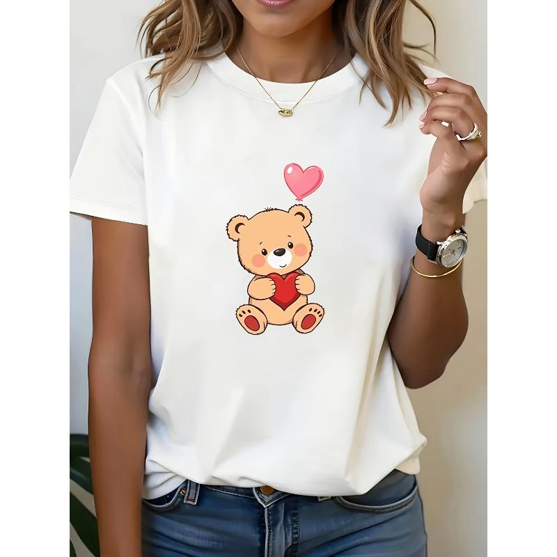 

Women s Casual White Round Neck Printed T-Shirt with Cute Cartoon Teddy Bear and Heart Balloon Pattern, Perfect for Decoration, Valentine s Day Gifts S белый