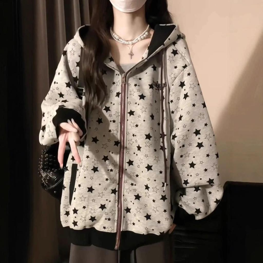 American high street stars full of hooded sweater women's spring and autumn new loose college style zipper cardigan jacket