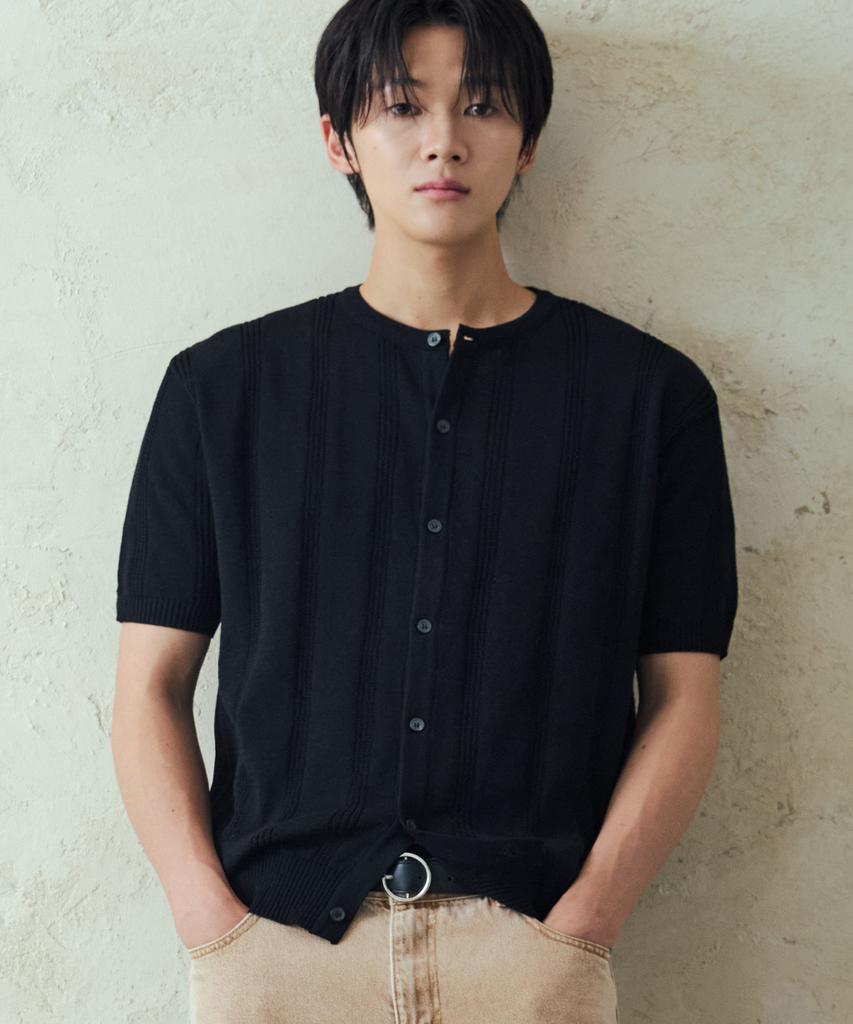 Nodu Ribbed Round Short Sleeve Cardigan [Black]