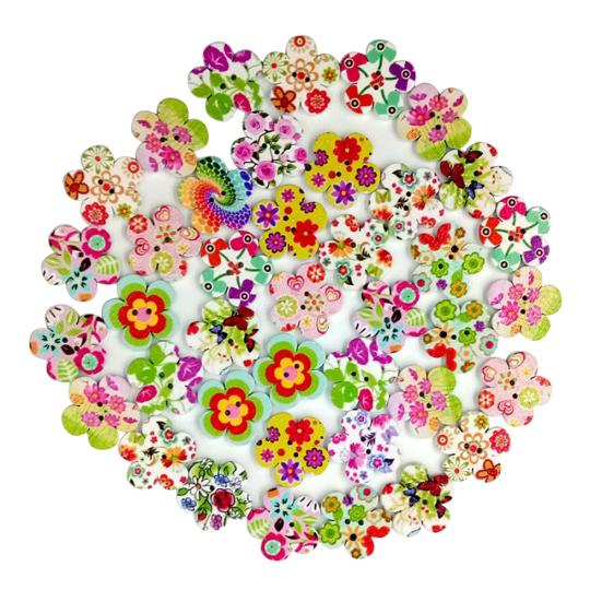100 Pcs Wooden Cute Flower 2 Holes Buttons Sewing Scrapbooking DIY
