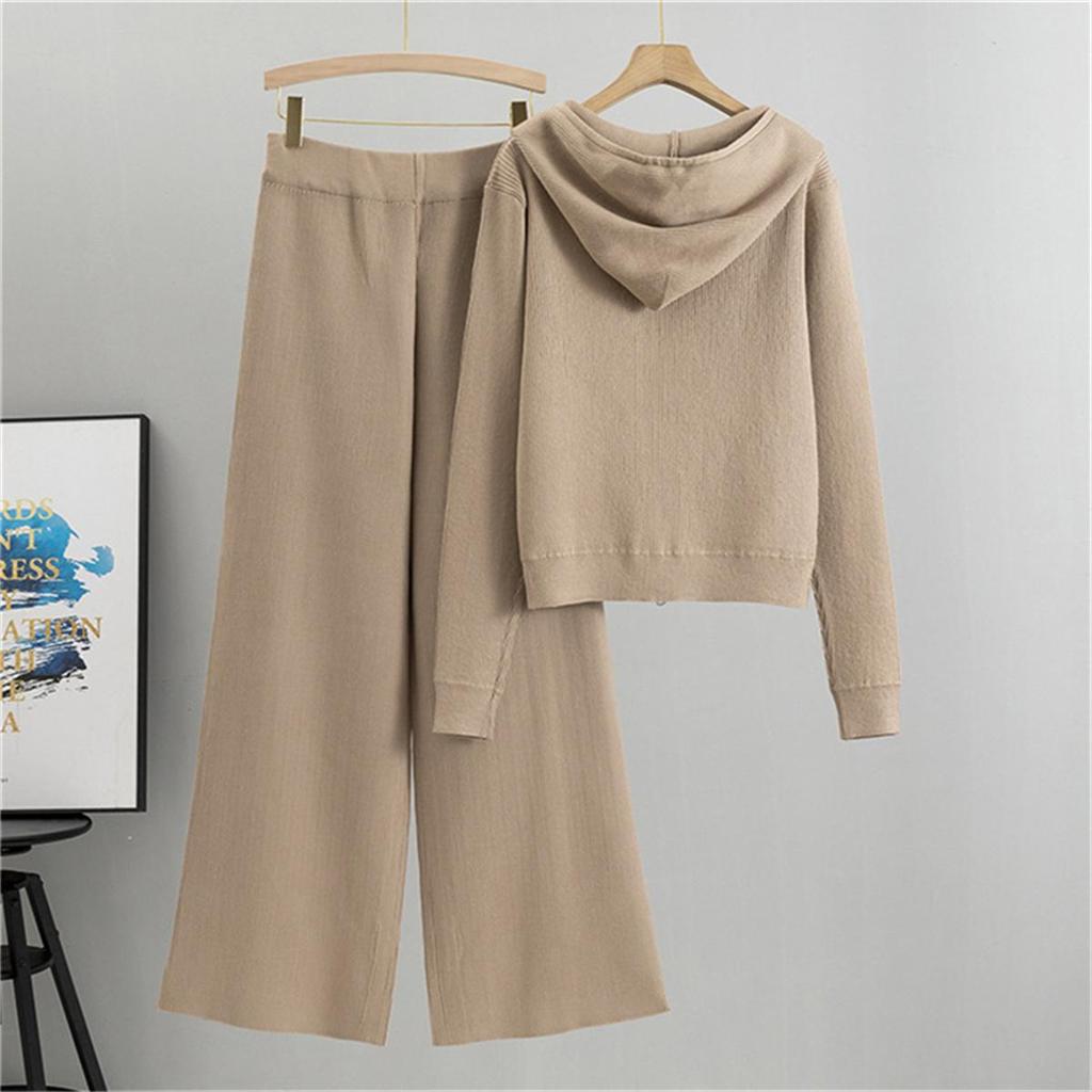 Women's Wide Leg Pants Hooded Knitted Cardigan Two Piece set Women's Autumn Fashion Loose Casual Suit