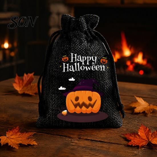 Lightweight Candy Carriers 2Pcs Halloween Pumpkin Drawstring Bags for Treats, Retro Burlap Pattern Party Favors Trick or Treat Bags, Portable