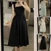Square Collar Sleeveless Solid Color Waist Tight Summer Dress Sweet Elastic Shoulder Strap Swing Large Hem Sling Dress Streetwear
