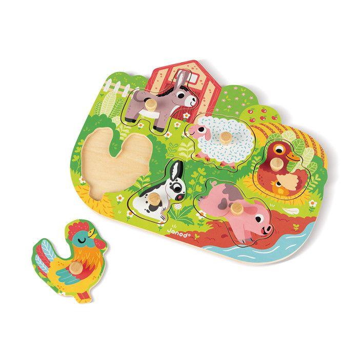 Puzzle encastrement 6 pièces - janod - happy farm - enfant - beige - a partir de 18 mois