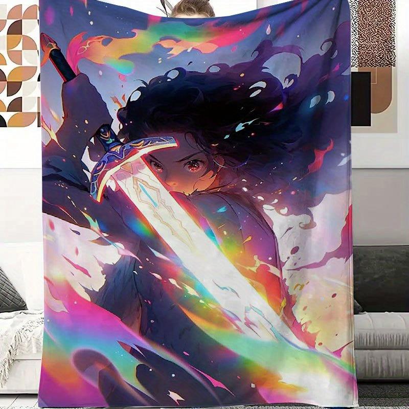 1pc Vibrant Rainbow Sword & Flames Anime Blanket - Korean Drama Inspired K-Drama Plush Throw, Soft Flannel,, & s, All-Sea 130x150cm51x59in