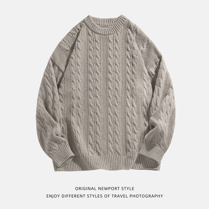 Lazy Style Cable Knit White Crew Neck Sweater for Men 2025 Autumn and Winter Vintage Loose Casual Knitwear Jacket