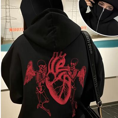 Reißverschluss-Hoodie Doppellagige Kapuze Maske Hoodie Schwarz Personalisierter Buchstabendruck Dunkler Stil Damen Lässig Retro Street 2025