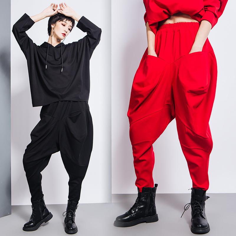 Pantaloni Harem Elasticizzati da Donna Vestibilità Larga Pantaloni Conici Patchwork Streetwear Pantaloni Lunghi Con Tasche Per Outfit Quotidiani Primaverili