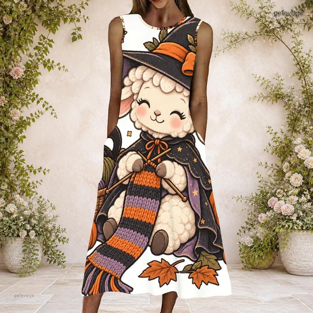 Women Plus Size Round Neck Sleeveless Cartoon Llama Printed A Line Maxi Dress With Side Pockets