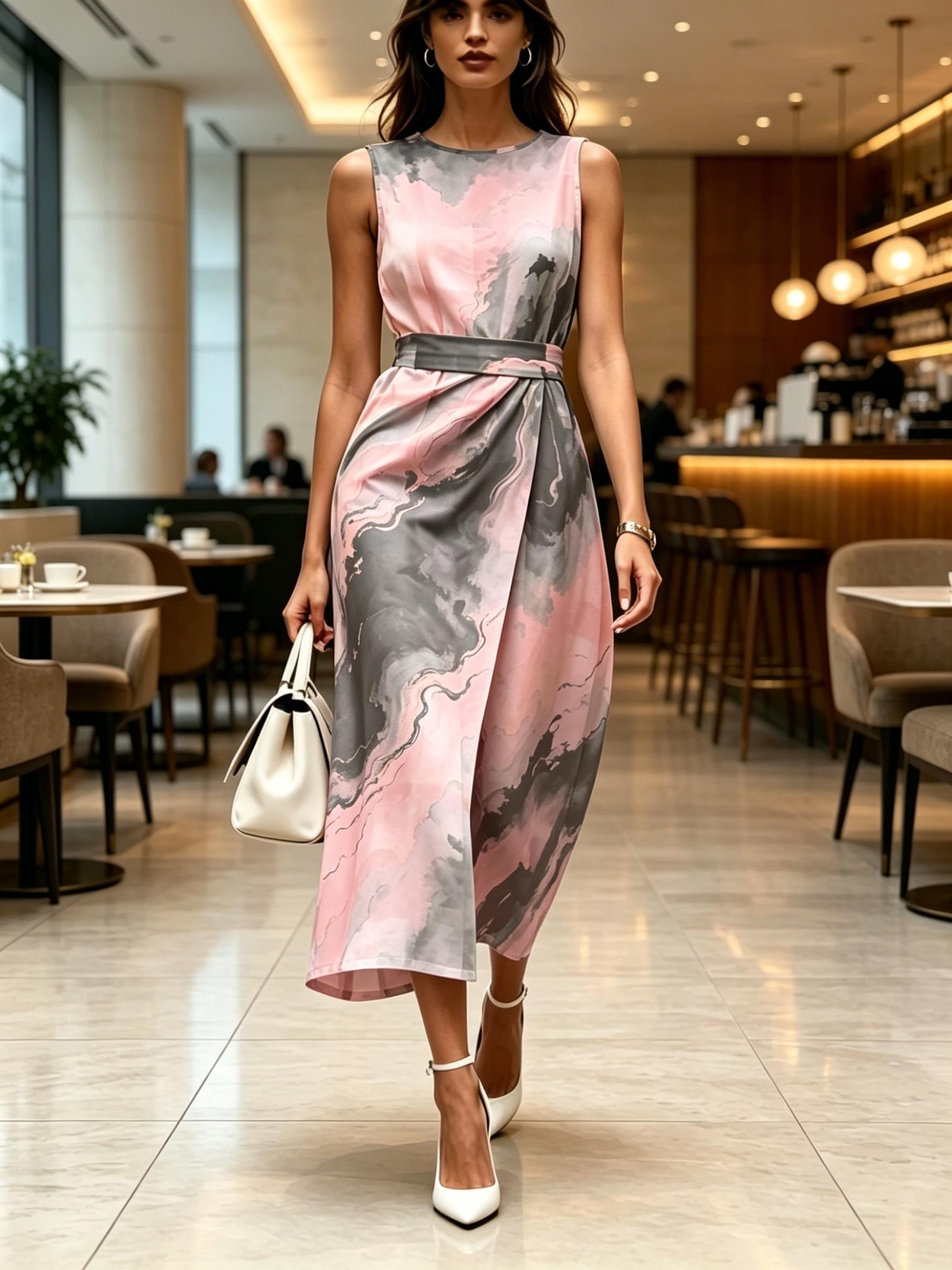 

Round Neck Sleeveless Midi Dress Watercolor Marble Print Pink And Grey Color Womens Modern Elegant Casual Fashion Spring Summer Autumn Womens Clothing XXL
