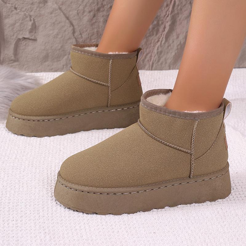Women Winter Large Size Round Toe Thick Sole Snow Boots Casual Short Tube Velvet Fur Warm Cotton Shoes Solid Color 36-41