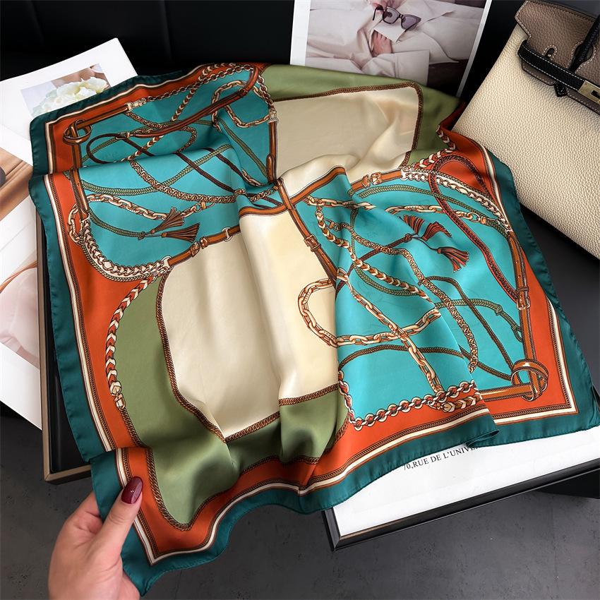 Elegant Ginkgo Leaf Print Silk Square Scarf – Versatile Headscarf for Spring and Summer