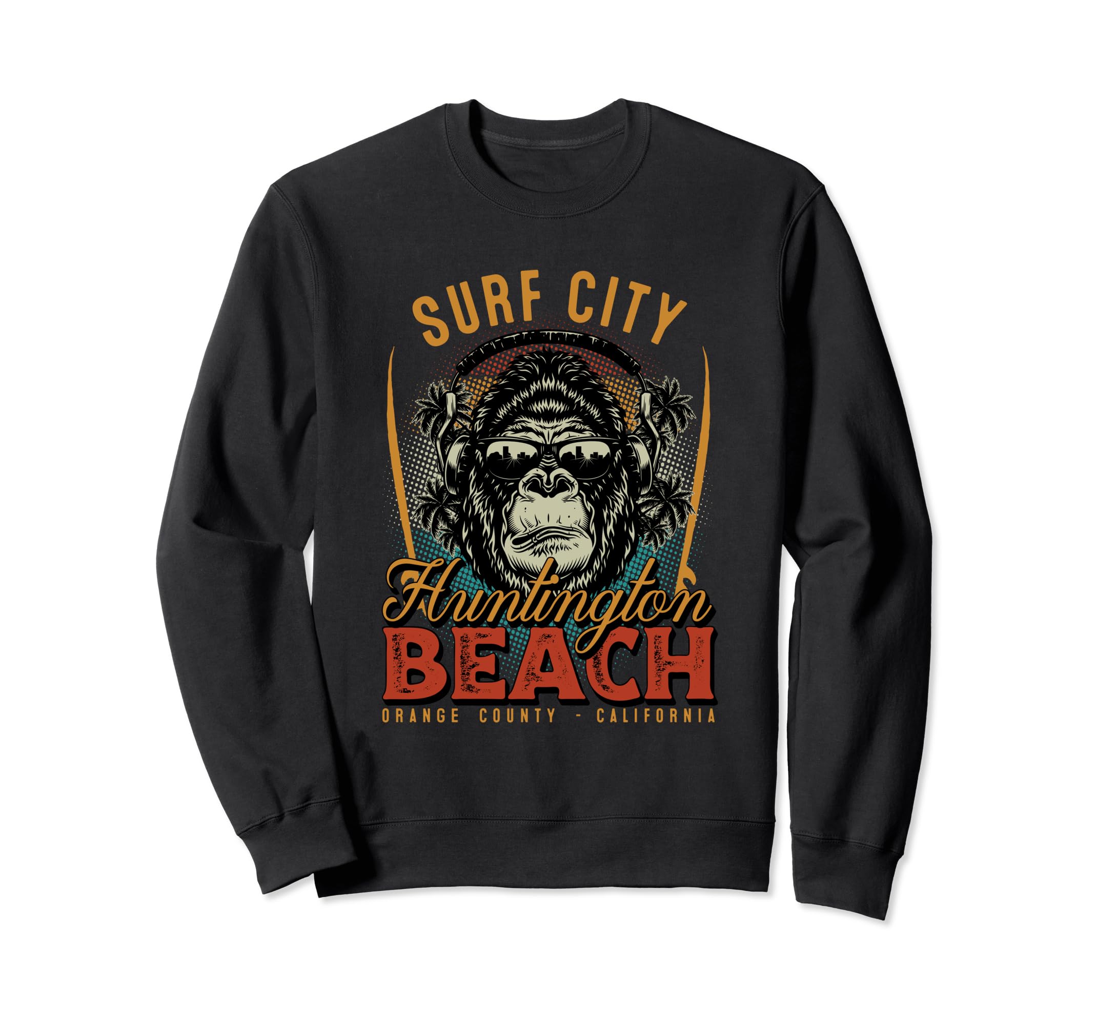 

Retro Huntington Beach Surf City Party Gorilla Vibes Summer Sweatshirt чорний