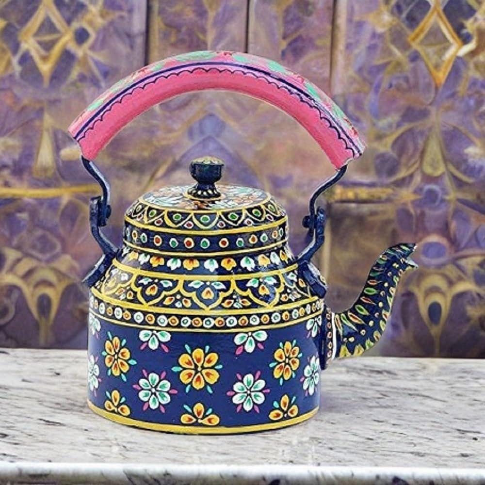 Handpainted Aluminum Kettle Tea Pot for Serving (Blue)