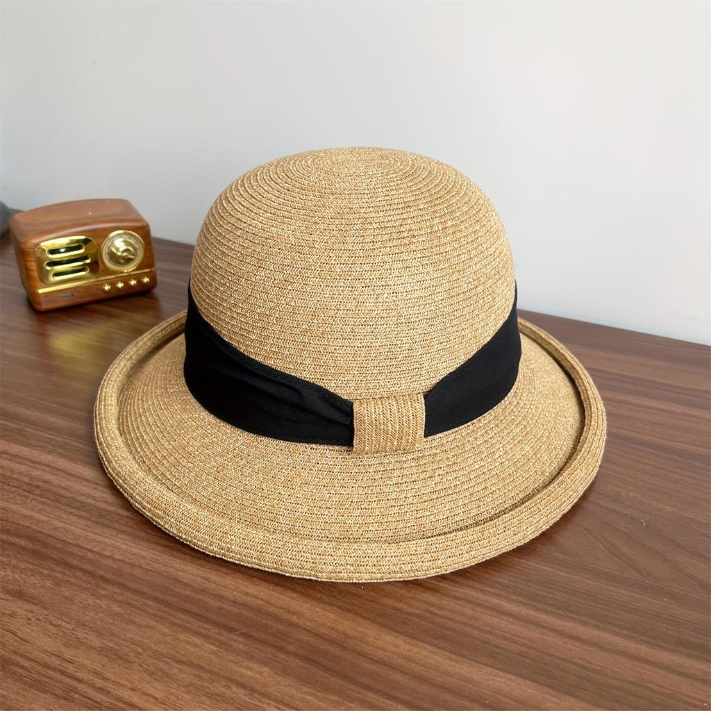 French Bow Retro Rolled Brim Straw Hat, Adjustable Women's Sun Hat for Beach Vacation Travel